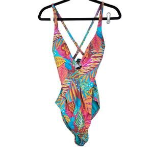 NEW Bleu Rod Beattie 12 Multi Color Palm Print 1 Piece Swimsuit Plunge Tropical